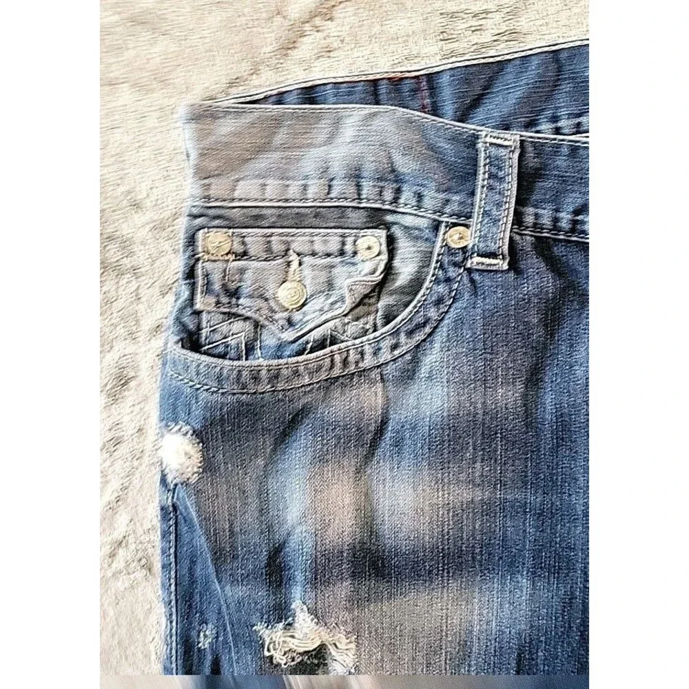 True Religion Jeans Men Size 40 Blue Distress Thick Stitch Flap Back Pockets
